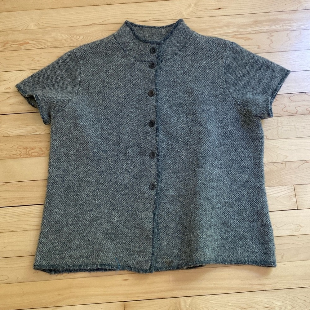 Eileen Fisher Tonal Birdseye Fluff Cap Sleeve Mandarin Collar Cardigan Gray XL